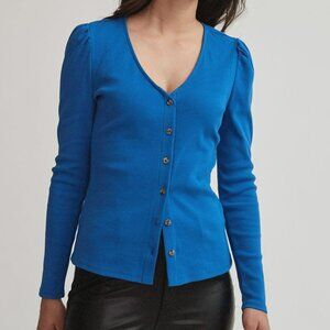 Ribbed Buttondown V-Neck Long Sleeve T-Shirt
